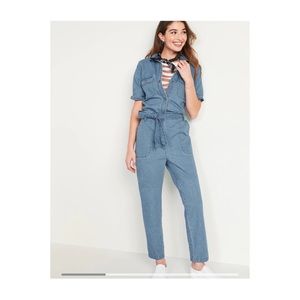 Old Navy Tie-Belt Short-Sleeve Jean Denim Jumpsuit